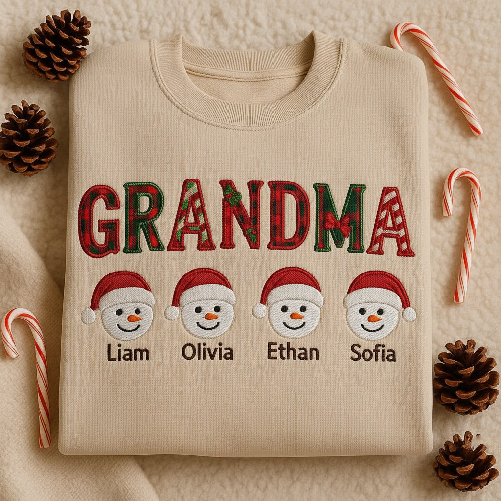 Embroidered Grandparent Sweatshirt, Custom Grandma Grandpa Snowman Shirt, Personalized Family Christmas Gift, Grandkids Name Crewneck
