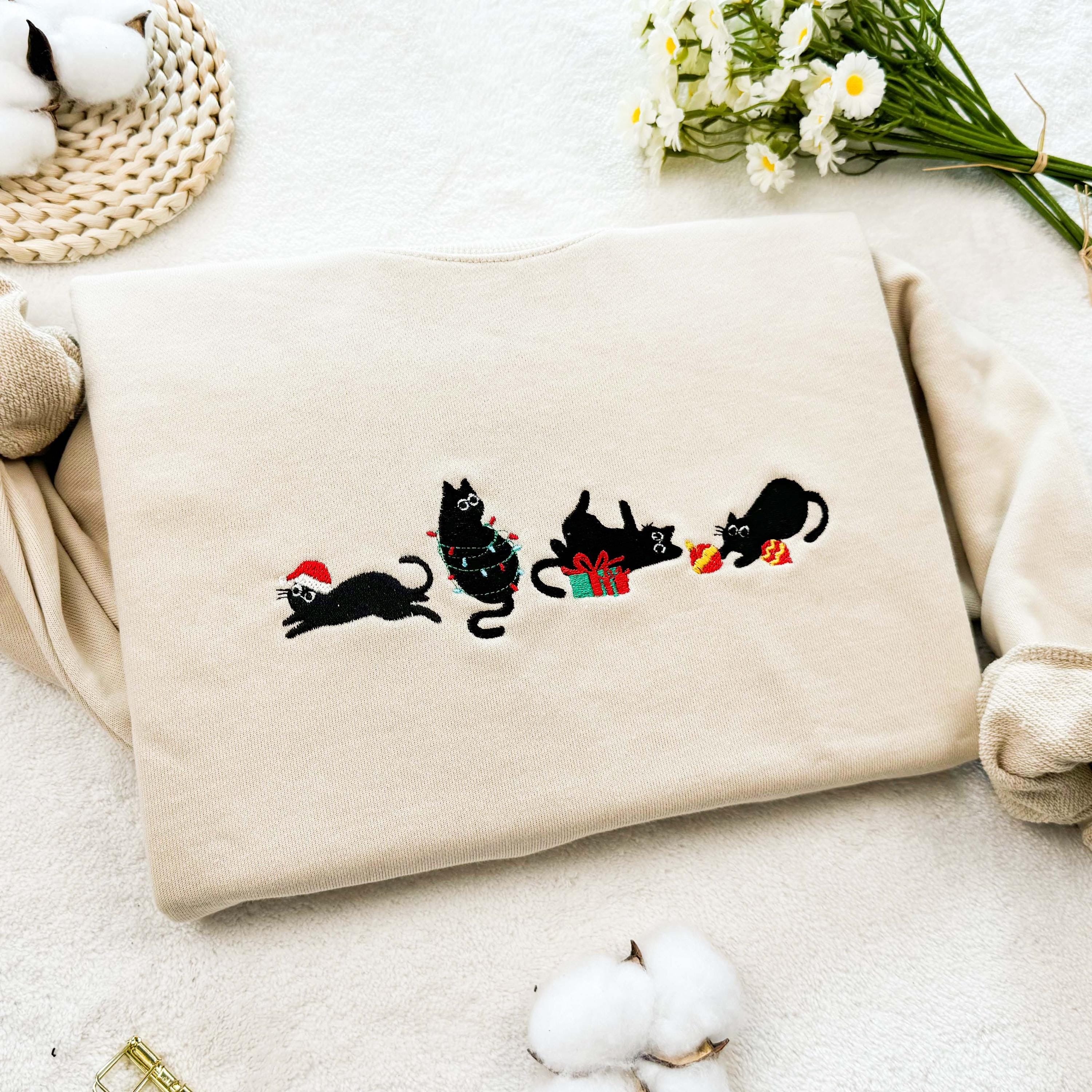 Christmas Cat Embroidered Sweatshirt, Cute Kitty Holiday Sweater, Cozy Winter Crewneck, Festive Gift for Cat Lovers, Xmas Outfit