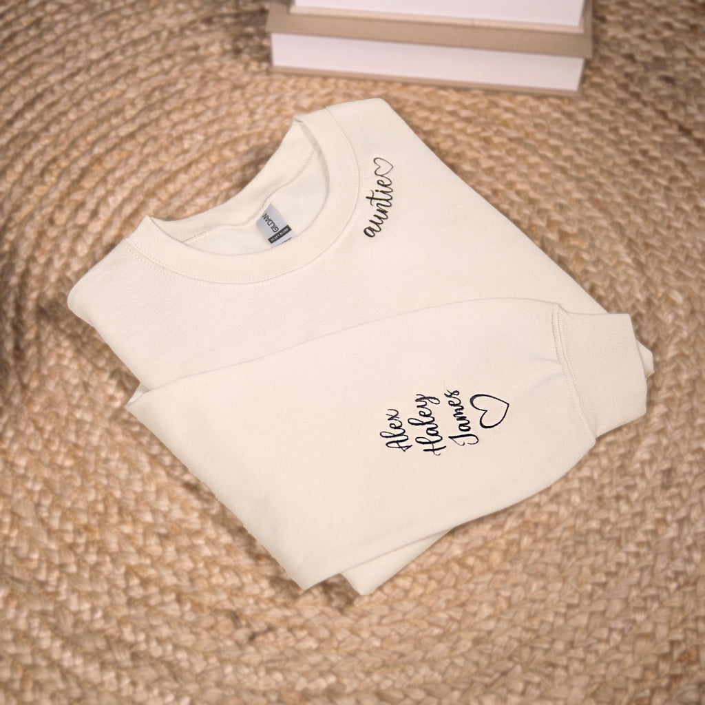 Custom Auntie Embroidered Sweatshirt With Nieces Nephew Names On Sleeve, Personalized Aunt Hoodie, Baby Announcement Outfit, New Aunt Gifts