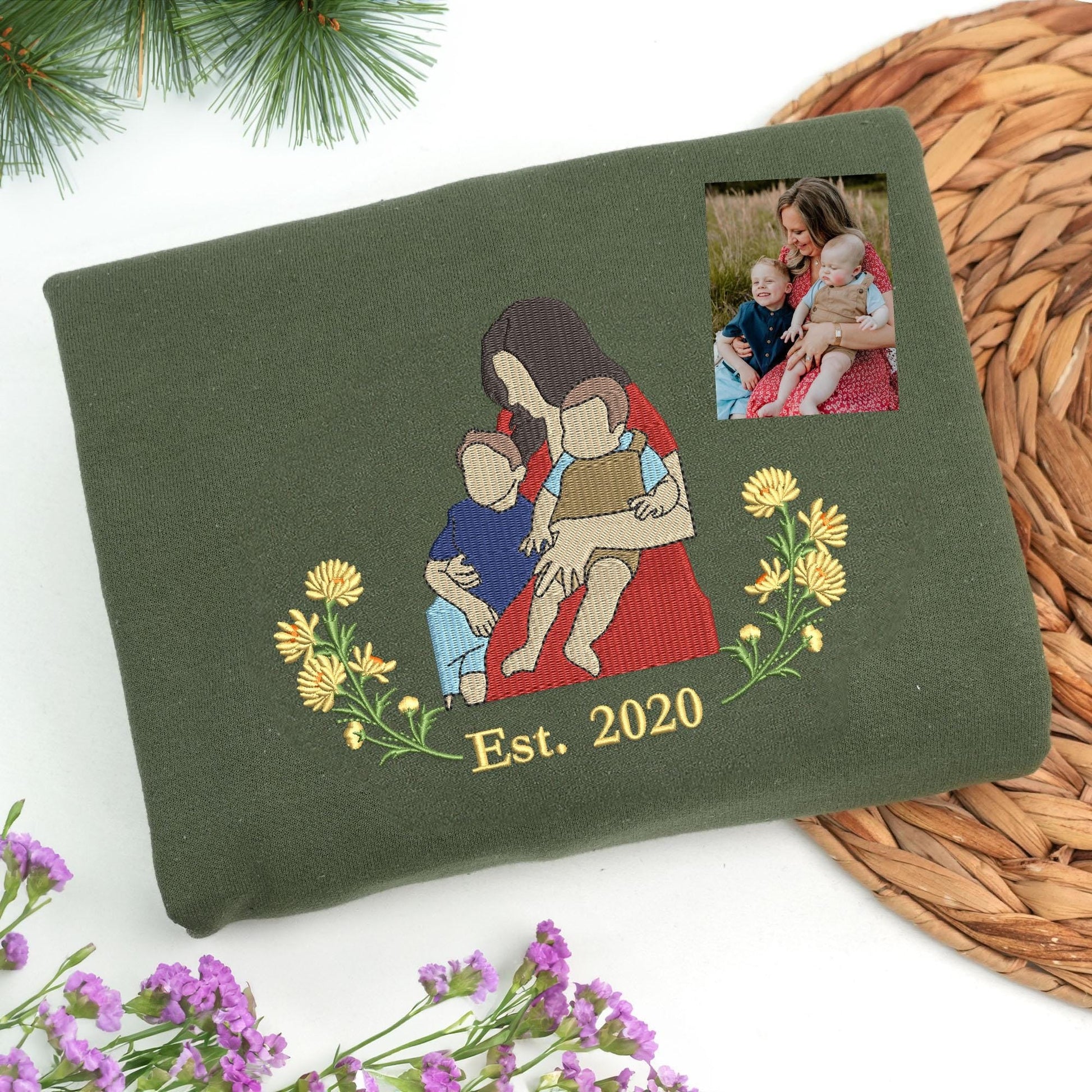 Mama Picture Embroidered Sweater, Custom Embroidered Floral Mama Sweatshirt with Kids Name, Mom Portrait Crewneck, Mama Christmas Gift