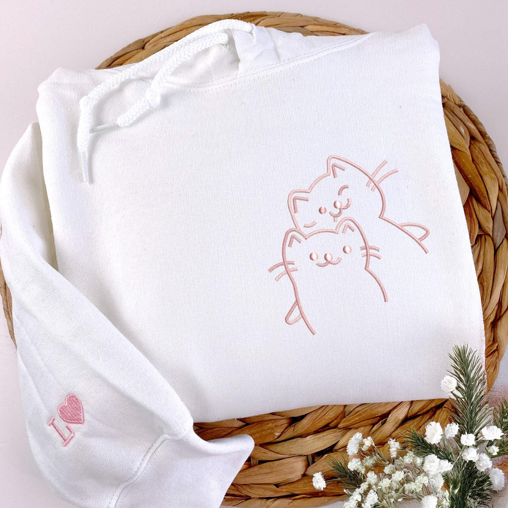 Unique Anniversary Gifts For Couples, Embroidered Doodle Cat Love Sweatshirt, Cat Sweatshirt, Matching Hoodies for Couples, Boyfriend Gift