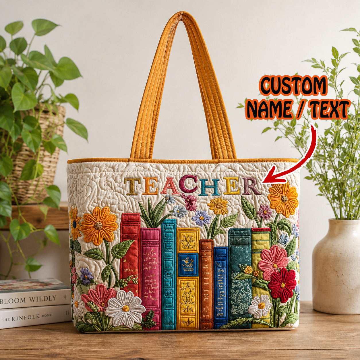 Custom Teacher Quilted Tote Bag, Custom Book Flower Tote Bag, Teacher Bag Gift, Back To School Tote Bag, Quilted Shoulder Bag, Quilted Book Bag, Fabric Bag QTOTE65