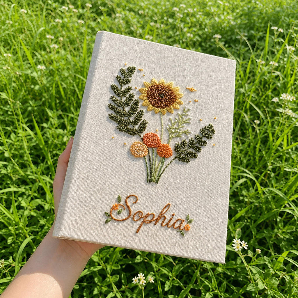 Hand Embroidered Floral Notebook, Custom Sunflower Notebook, Personalized Flower Notebook With Name, Linen Fabric Hard Cover Notebook, Special Custom Handmade Gift and Keepsakes ENB09