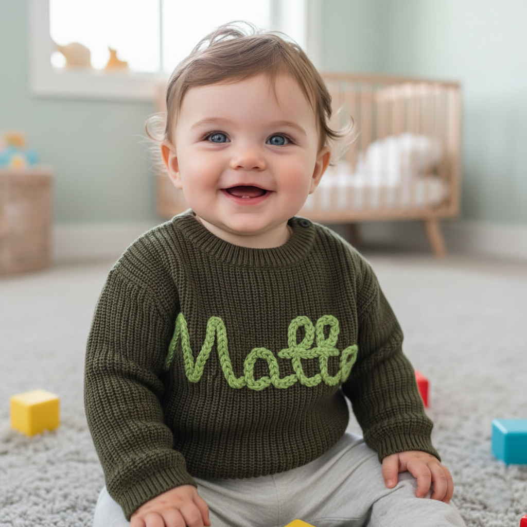 Custom Embroidered Baby Sweater, Knit Name Sweater for Girls & Boys, Birthday Gift