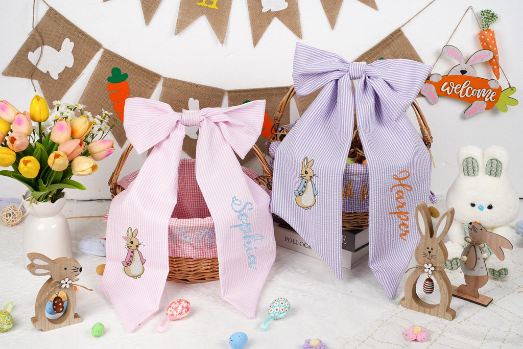 Personalized Seersucker Easter Basket Bow, Custom Monogrammed Bow, Baby Shower Favor, Wedding Basket Bow, Spring Decoration
