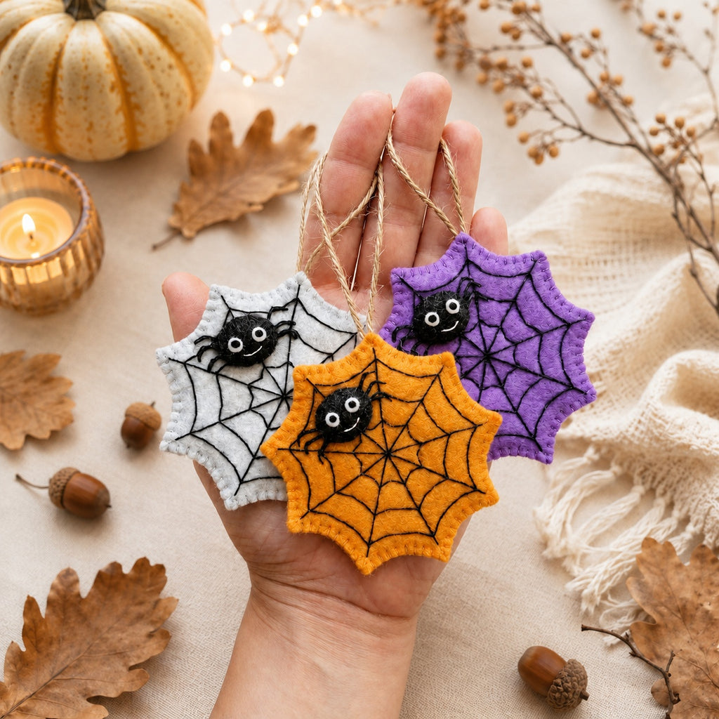 Set 3Pcs Halloween Spider Web Felt Ornament, Embroidery Felt Ornament, Hanging Decor, Halloween Gift for Home Decoration HFOR15