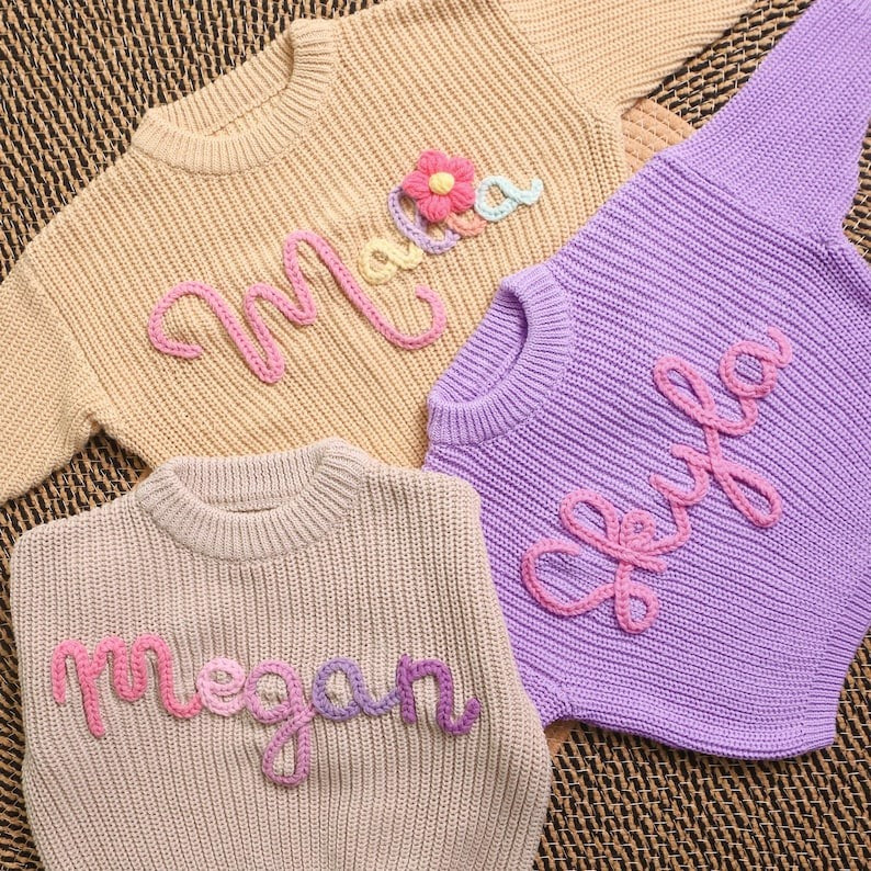 Custom Embroidered Baby Sweater, Knit Name Sweater for Girls & Boys, Birthday Gift