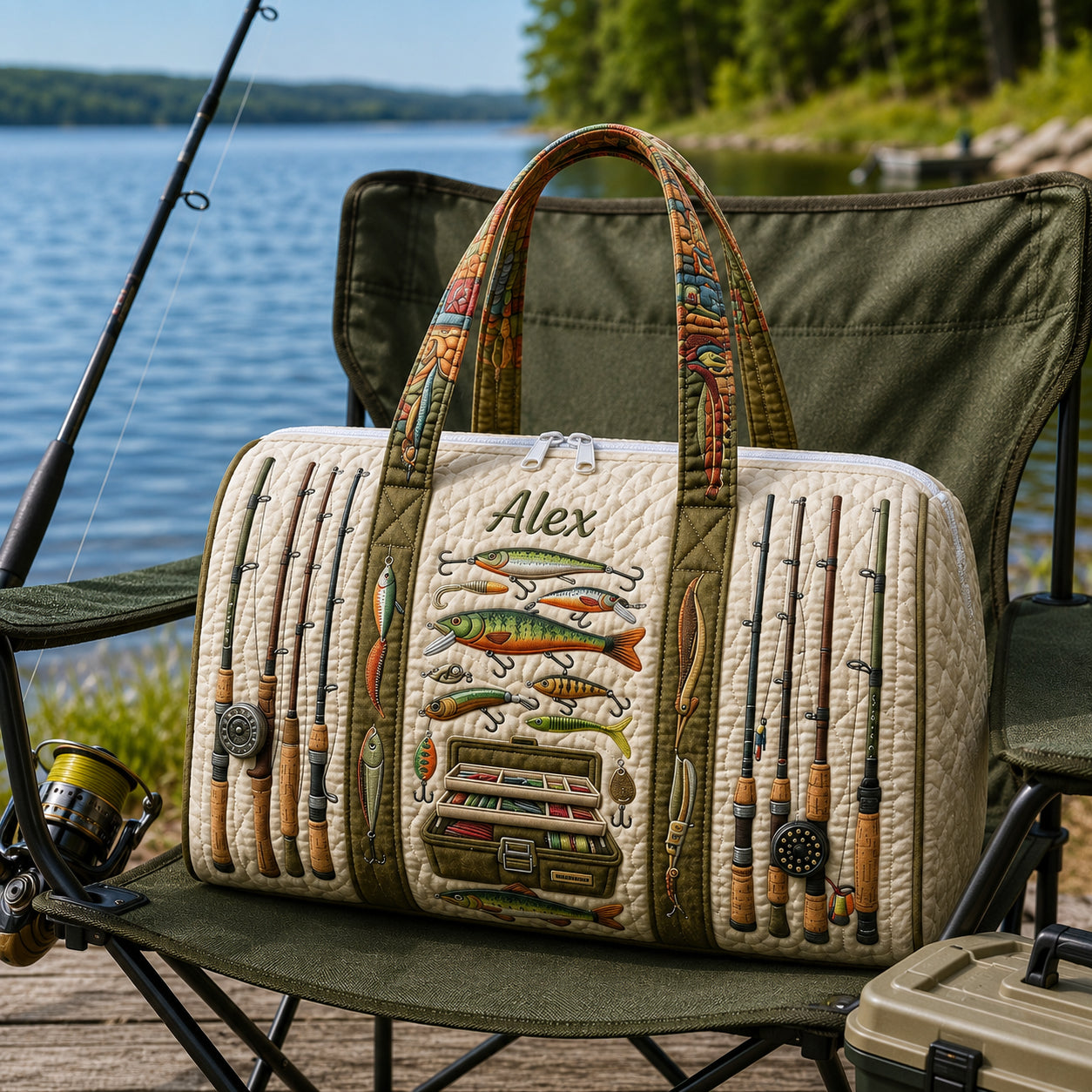 Personalized Fishing Quilted Duffle Bag, Custom Angler Travel Bag with Name, Fishing Gear Weekender, Fisherman Gift DFB36