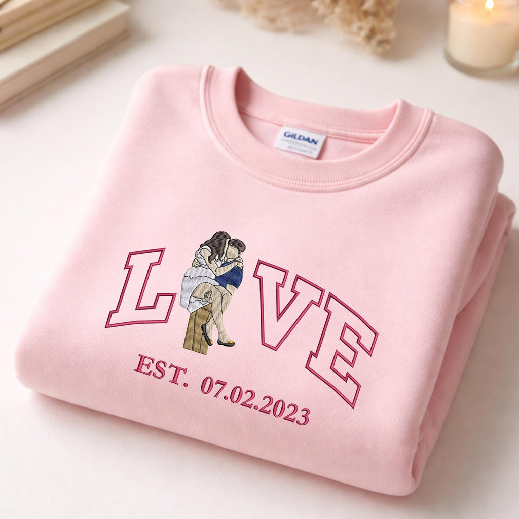 Custom Embroidered Hoodie for Girlfriend, Couple Portrait Embroidery Hoodie, Personalized Valentine Sweatshirt