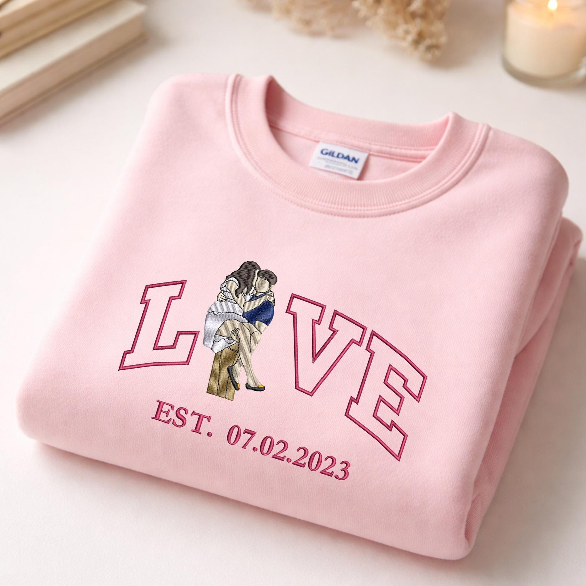 Custom Embroidered Hoodie for Girlfriend, Couple Portrait Embroidery Hoodie, Personalized Valentine Sweatshirt