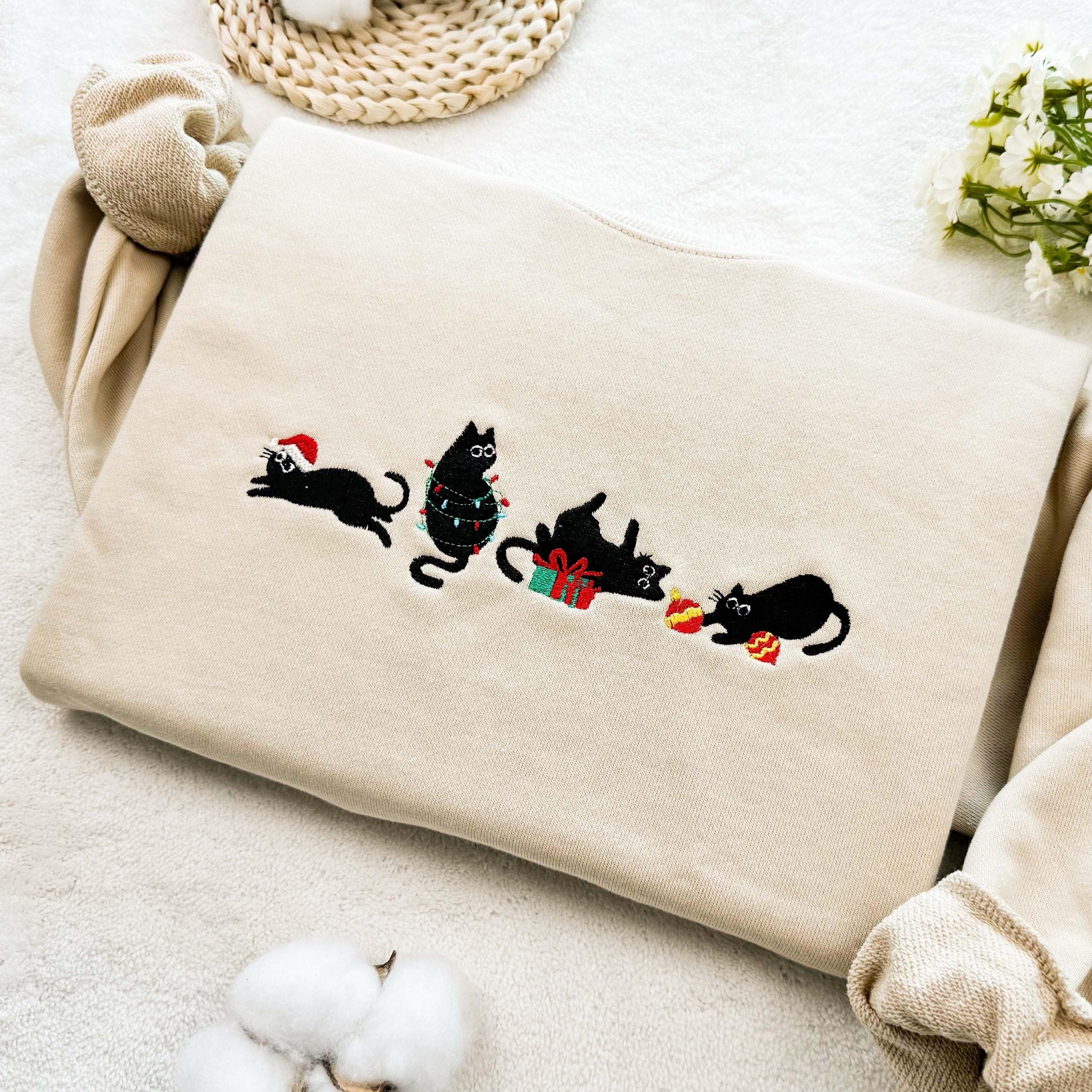 Christmas Cat Embroidered Sweatshirt, Cute Kitty Holiday Sweater, Cozy Winter Crewneck, Festive Gift for Cat Lovers, Xmas Outfit