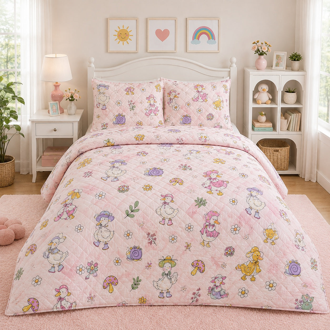 Pink Goose Quilted Bedding Set, Cute Goose & Floral Quilt Set with Pillow Covers, Girls Cottagecore Bedroom Decor QBEDSET12