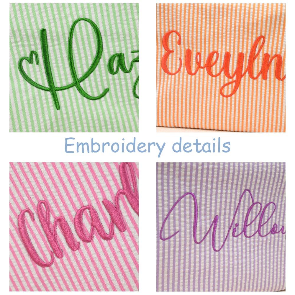 Custom Embroidered Seersucker Toiletry Bag, Personalized Name Travel Pouch, Bridesmaid Gift