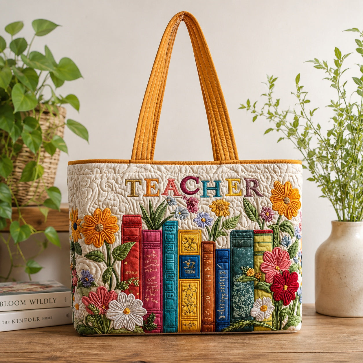 Custom Teacher Quilted Tote Bag, Custom Book Flower Tote Bag, Teacher Bag Gift, Back To School Tote Bag, Quilted Shoulder Bag, Quilted Book Bag, Fabric Bag QTOTE65