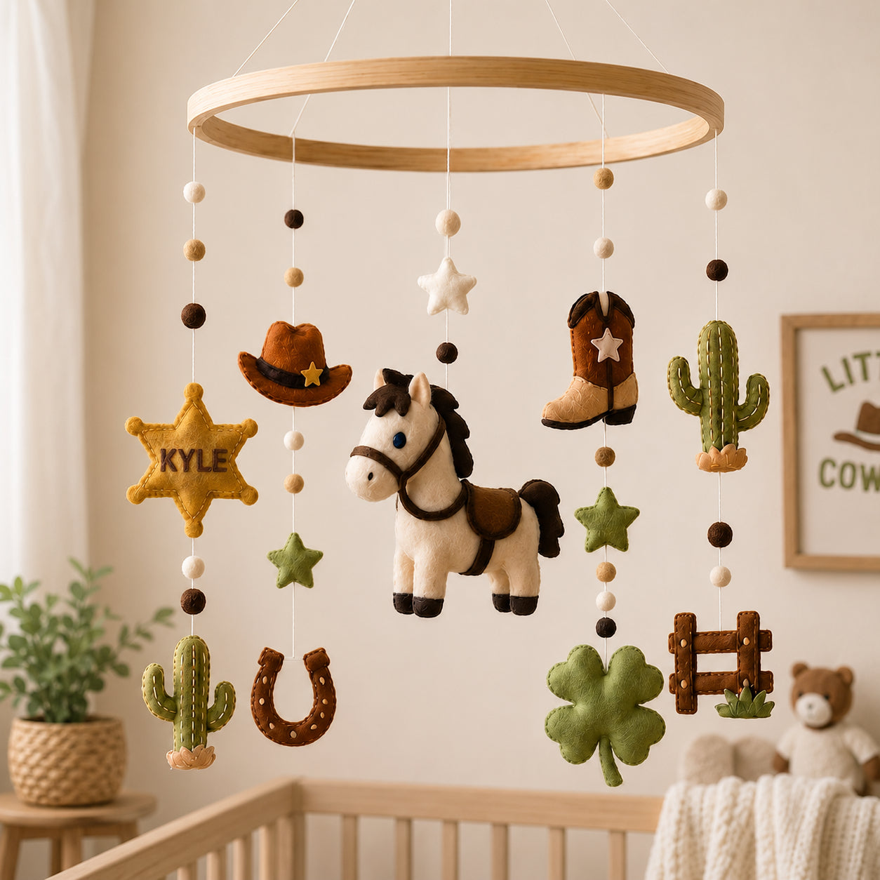 Personalized Cowboy Felt Baby Mobile, Custom Name Horse Nursery Crib Mobile, Western Baby Room Decor BBMB14