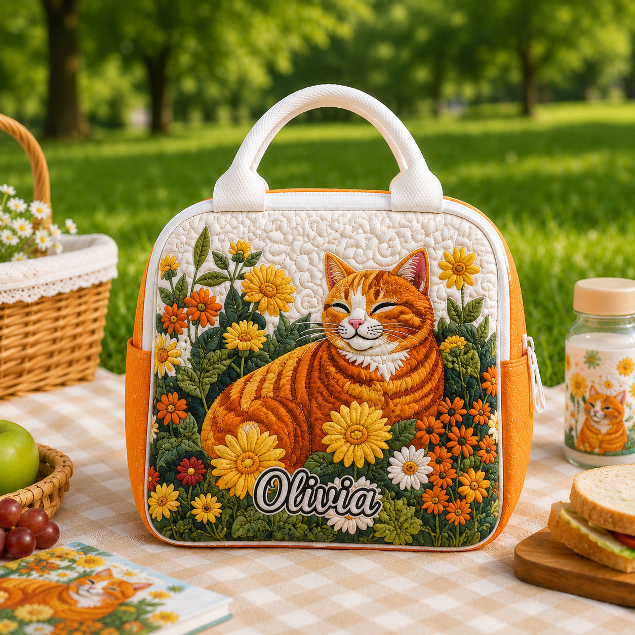 Cat Floral Quilted Lunch Bag, Insulated Quilted Lunch Tote, Cat Lunch Bag, Custom Kid Lunch Bag, Back To School Bag, Picnic Bag, Reusable Lunch Tote QLB14