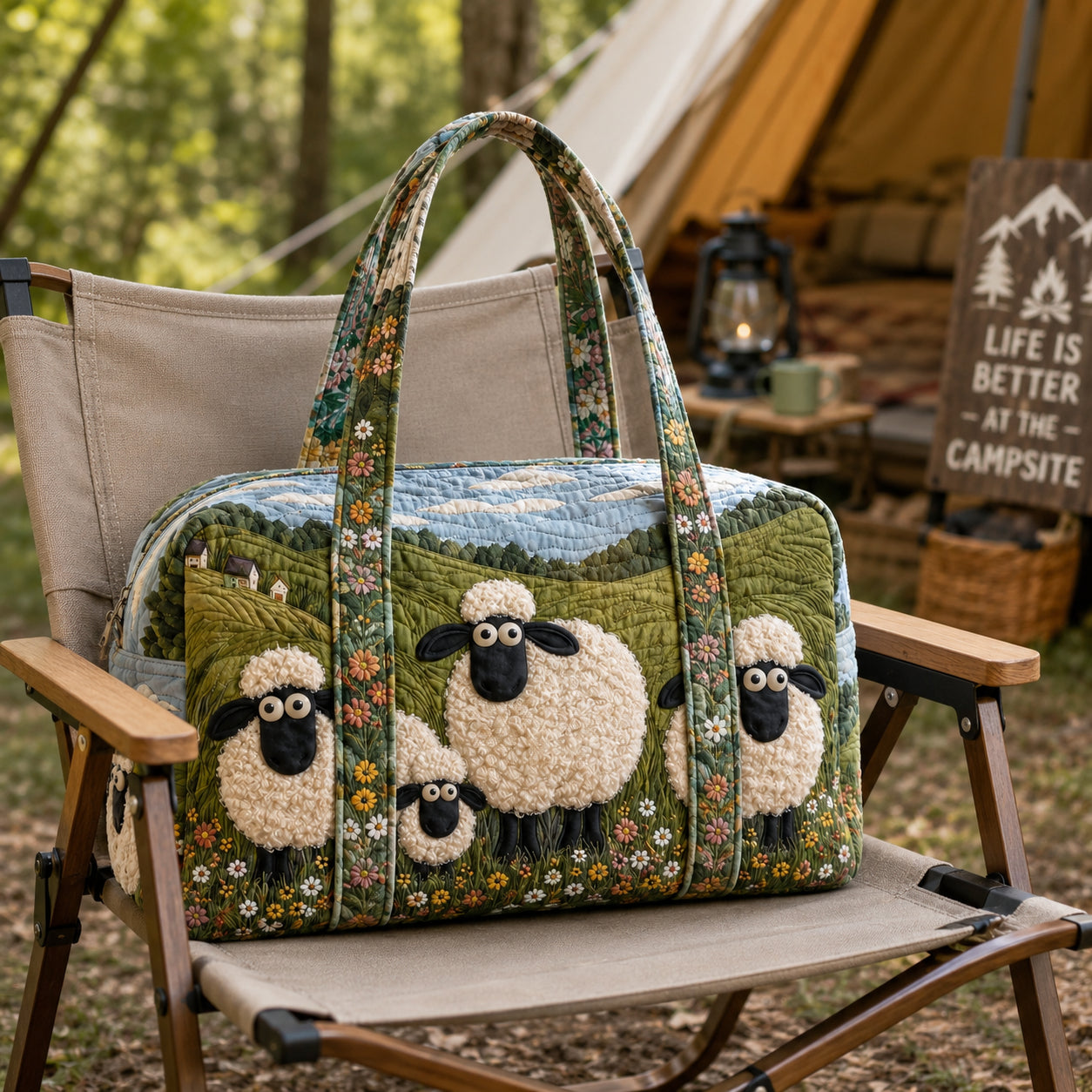 Cute Sheep Family Quilted Duffle Bag, Sheep Pattern Duffle Bag, Overnight Bag, Quilted Travel Bag, Quilted Weekend Bag, Custom Bag Gift DFB11