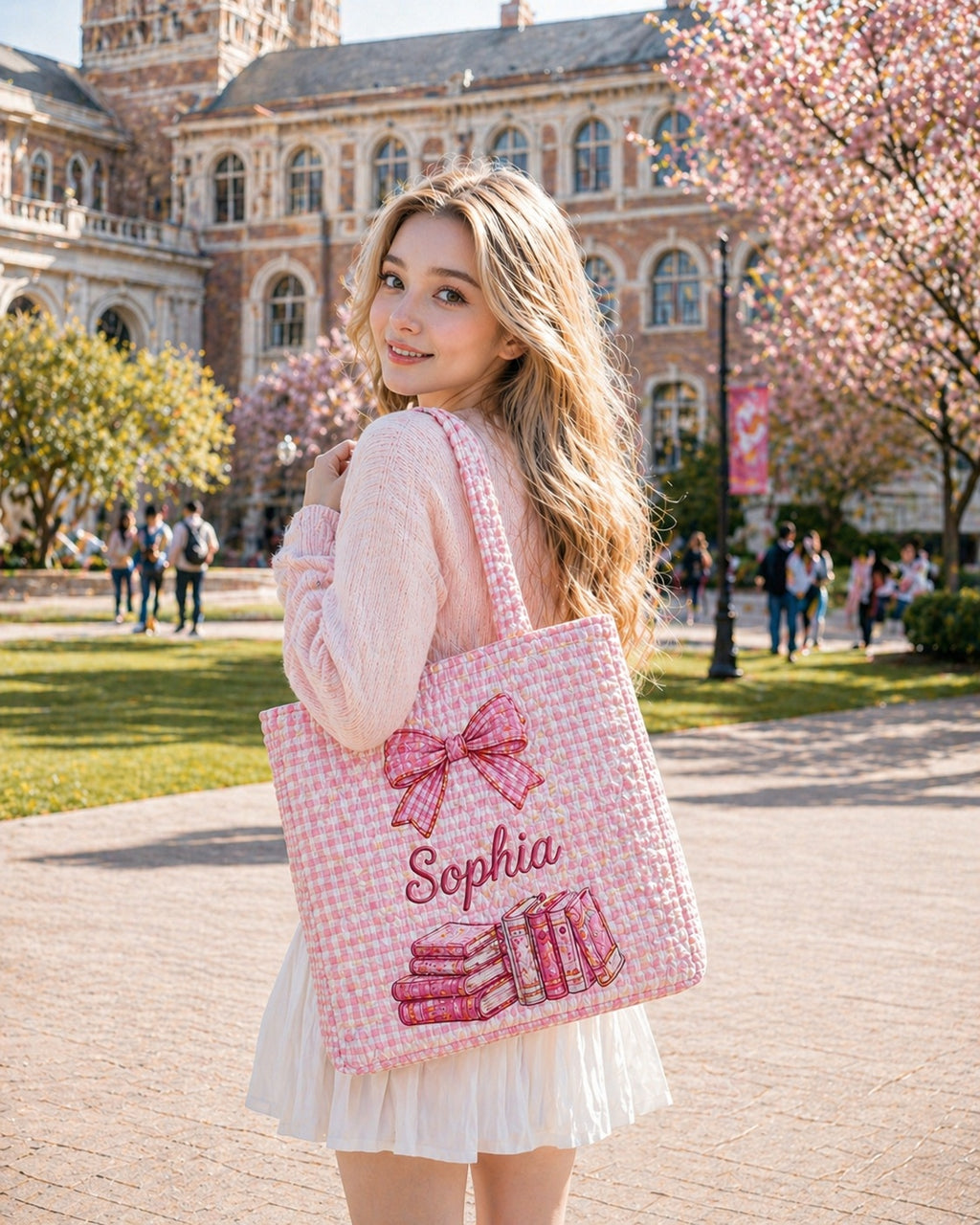 Pink Gingham Quilted Tote Bag, Pink Book Tote Bag, Quilted Shoulder Bag, Quilted Book Bag, Fabric Bag QTOTE72