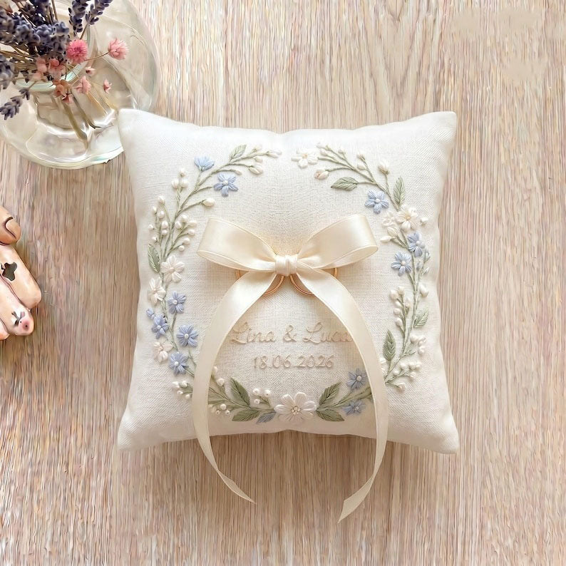 Personalized Embroidered Floral Wedding Ring Bearer Pillow, Custom Wedding Ring Pillow, Wedding Keepsake Gift WPILLOW13