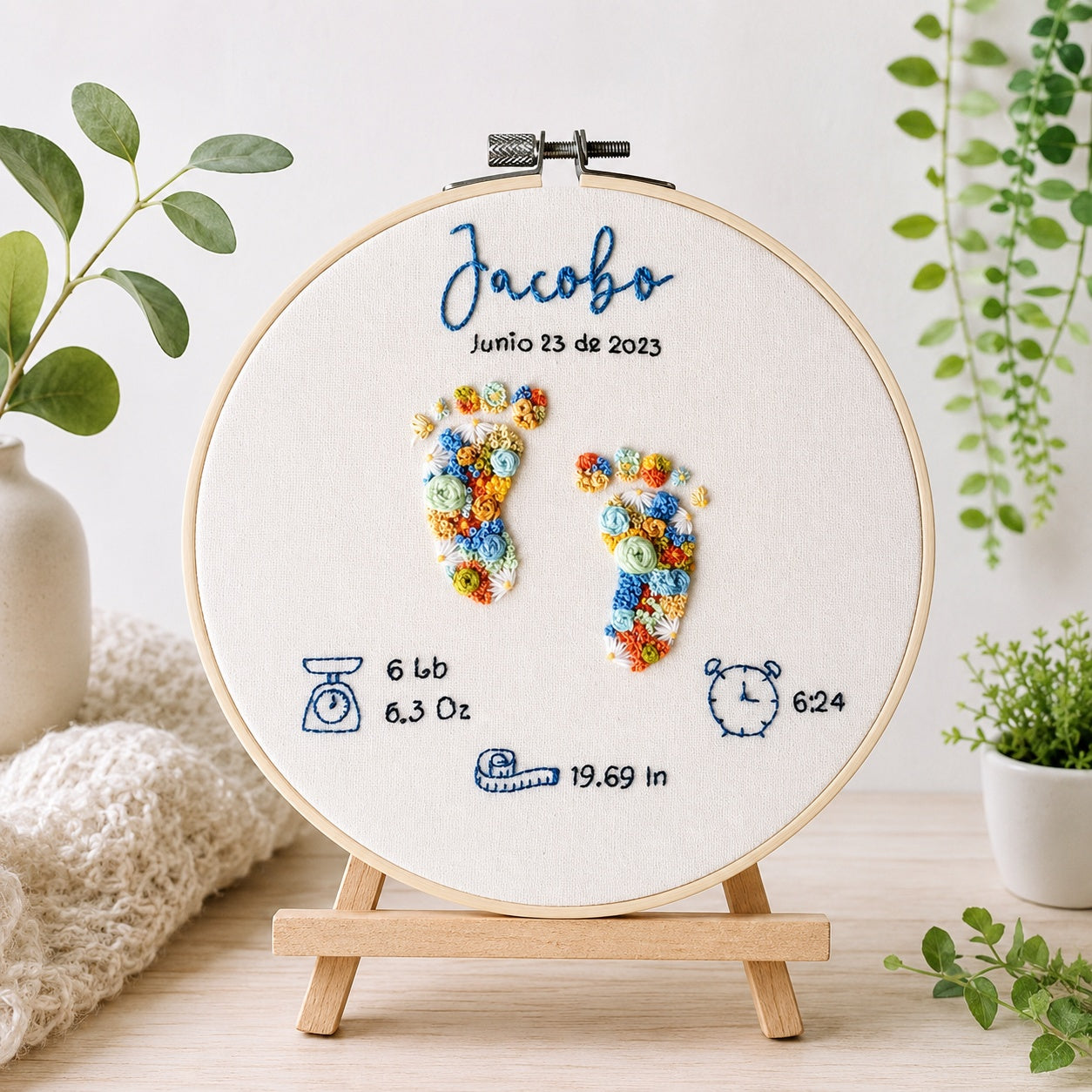 Personalized Baby Birth Stats Embroidery Hoop, Hand Embroidered Floral Baby Footprints, Custom Newborn Keepsake, Nursery Wall Art, Baby Gift EM13