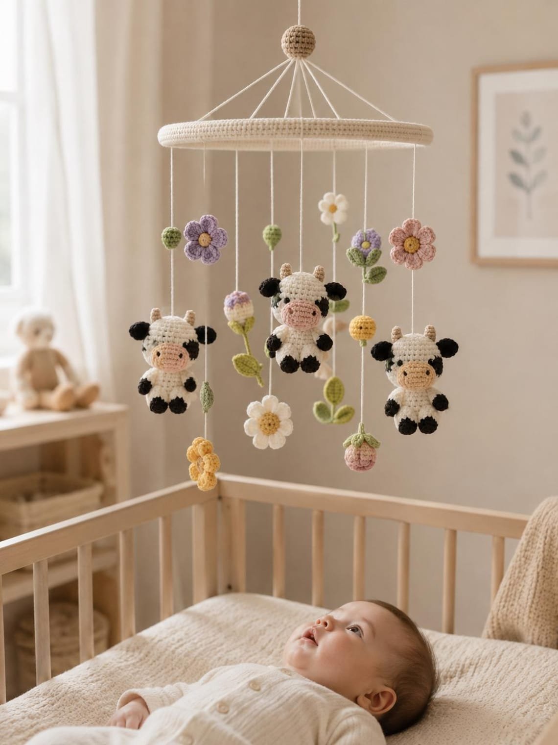 Cow Flower Baby Crib Mobile, Handmade Crochet Cow Mobile, Floral Farm Nursery Decor, Cute Animal Baby Mobile, Baby Shower Gift CrochetBBM12