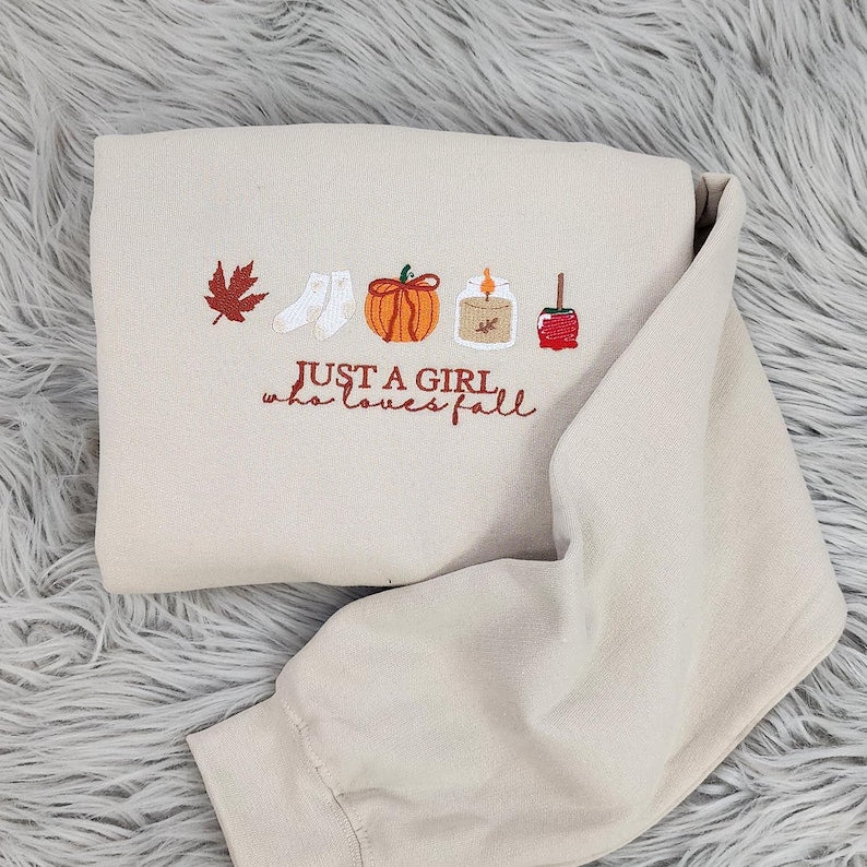 Girls Loves Fall Embroidered Shirt, Just a Girl Shirt, Cozy Autumn Pumpkin Spice Shirt, Halloween Shirt Gift HLNS13