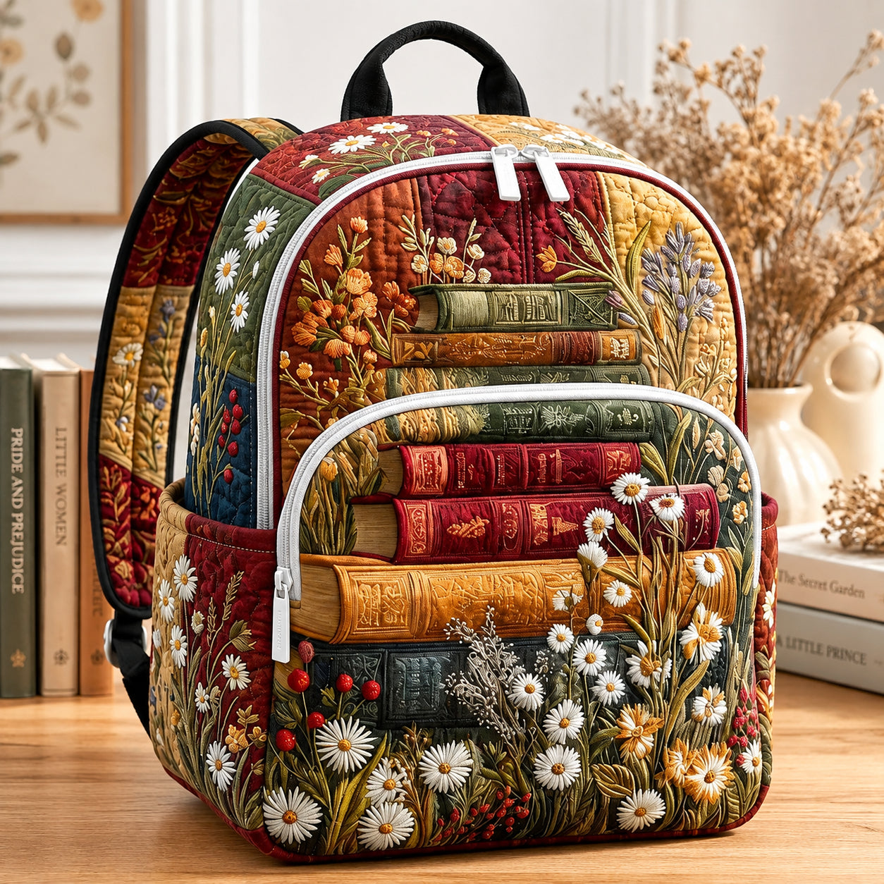 Patchwork Book Quilted Backpack, Custom Book Floral Backpack, Mini Travel Bag, School Bag, Back To School Backpack QBP07