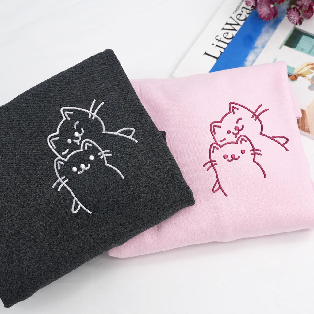 Unique Anniversary Gifts For Couples, Embroidered Doodle Cat Love Sweatshirt, Cat Sweatshirt, Matching Hoodies for Couples, Boyfriend Gift