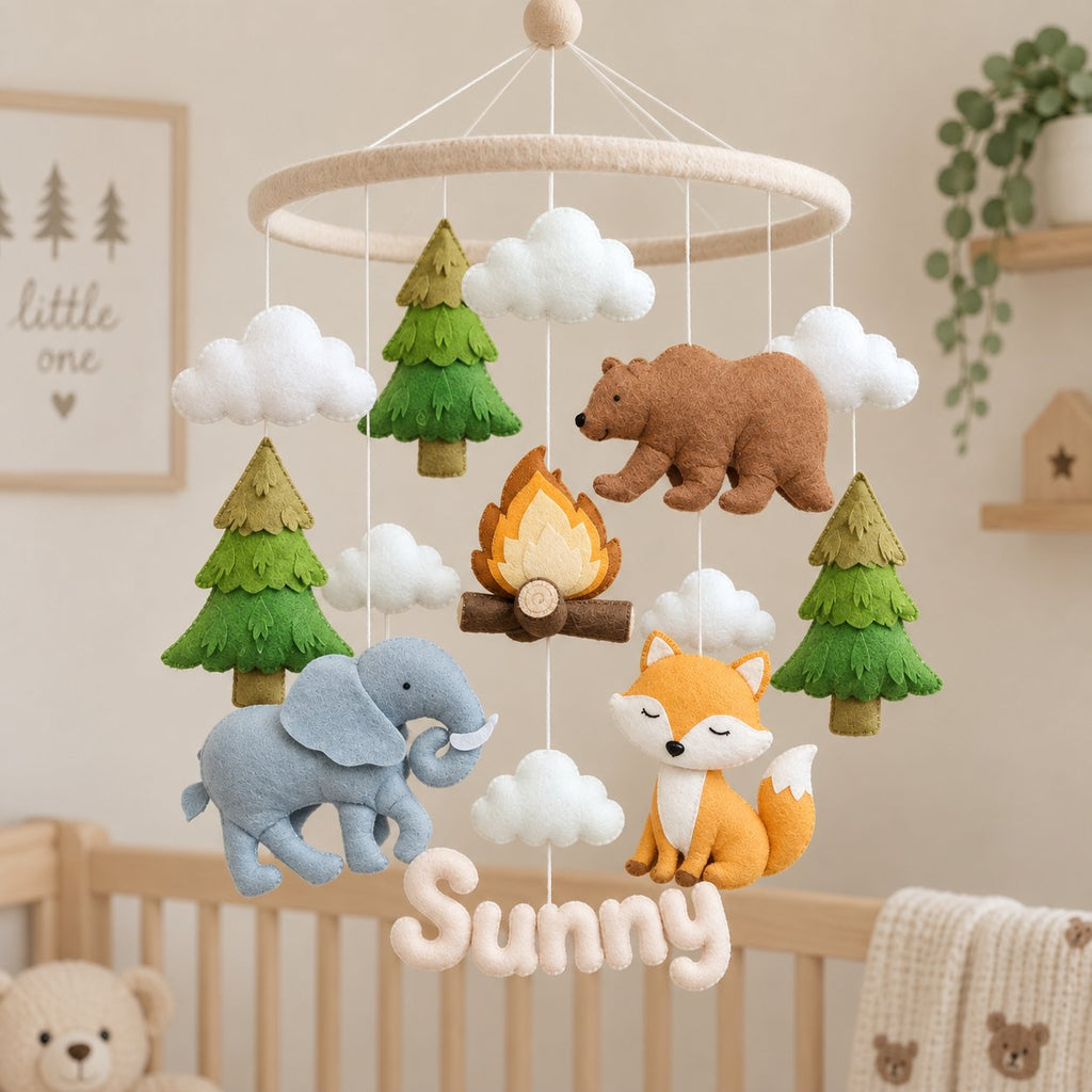 Woodland Baby Mobile, Handmade Felt Crib Mobile with Bear Fox Elephant Forest Animals, Nursery Decor, Baby Shower Gift BBMB31