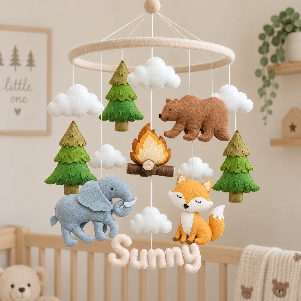 Woodland Baby Mobile, Handmade Felt Crib Mobile with Bear Fox Elephant Forest Animals, Nursery Decor, Baby Shower Gift BBMB31