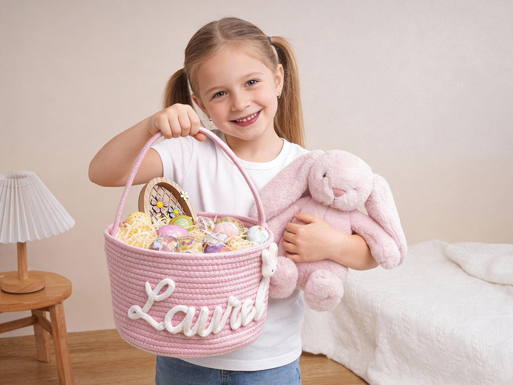 Personalized Easter Basket with Name, Handwoven Rope Basket, Easter Bunny Gift for Kids, Easter Egg Hunt Basket, Baby Shower Gift
