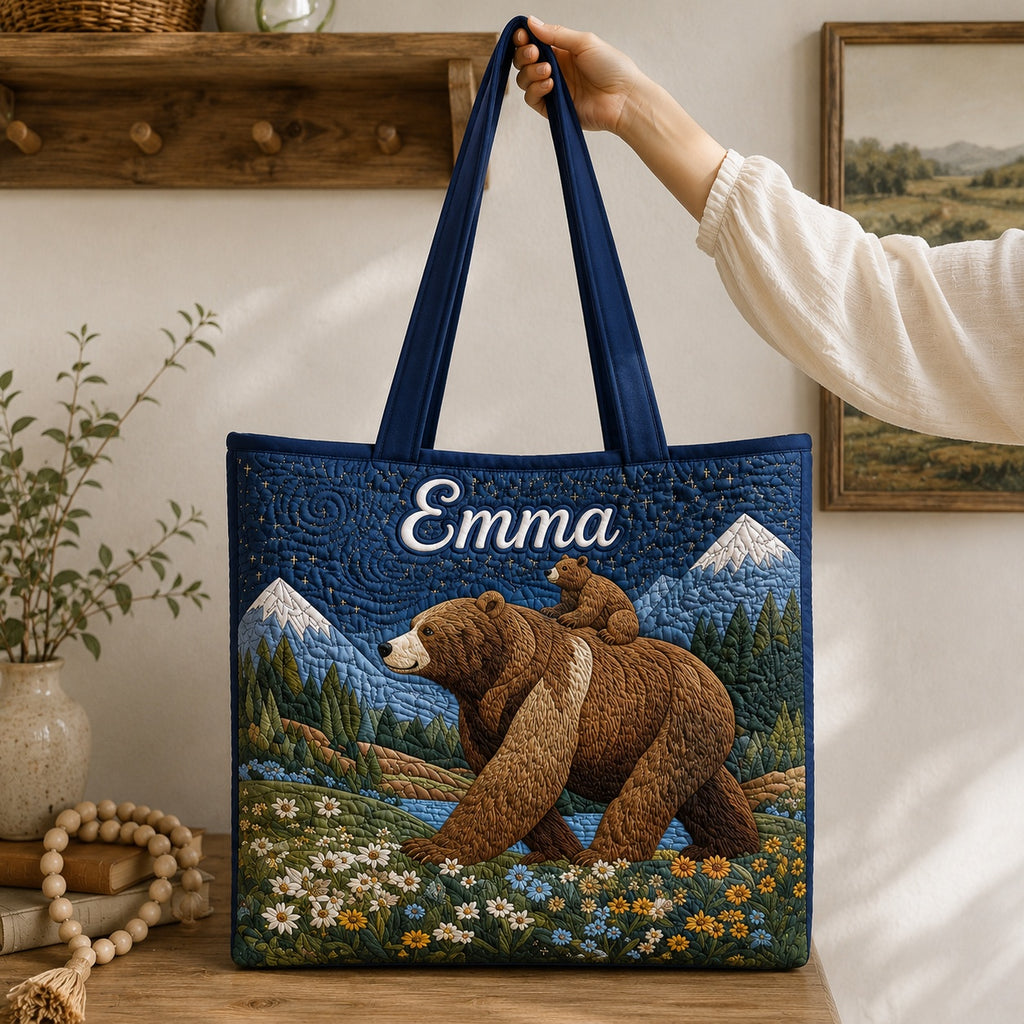 Mama Bear & Cub Pattern Quilted Tote Bag, Wildlife Shoulder Bag, Bear Mama Pattern Art Tote, Fabric Tote Bag, Gift Bag QTOTE38