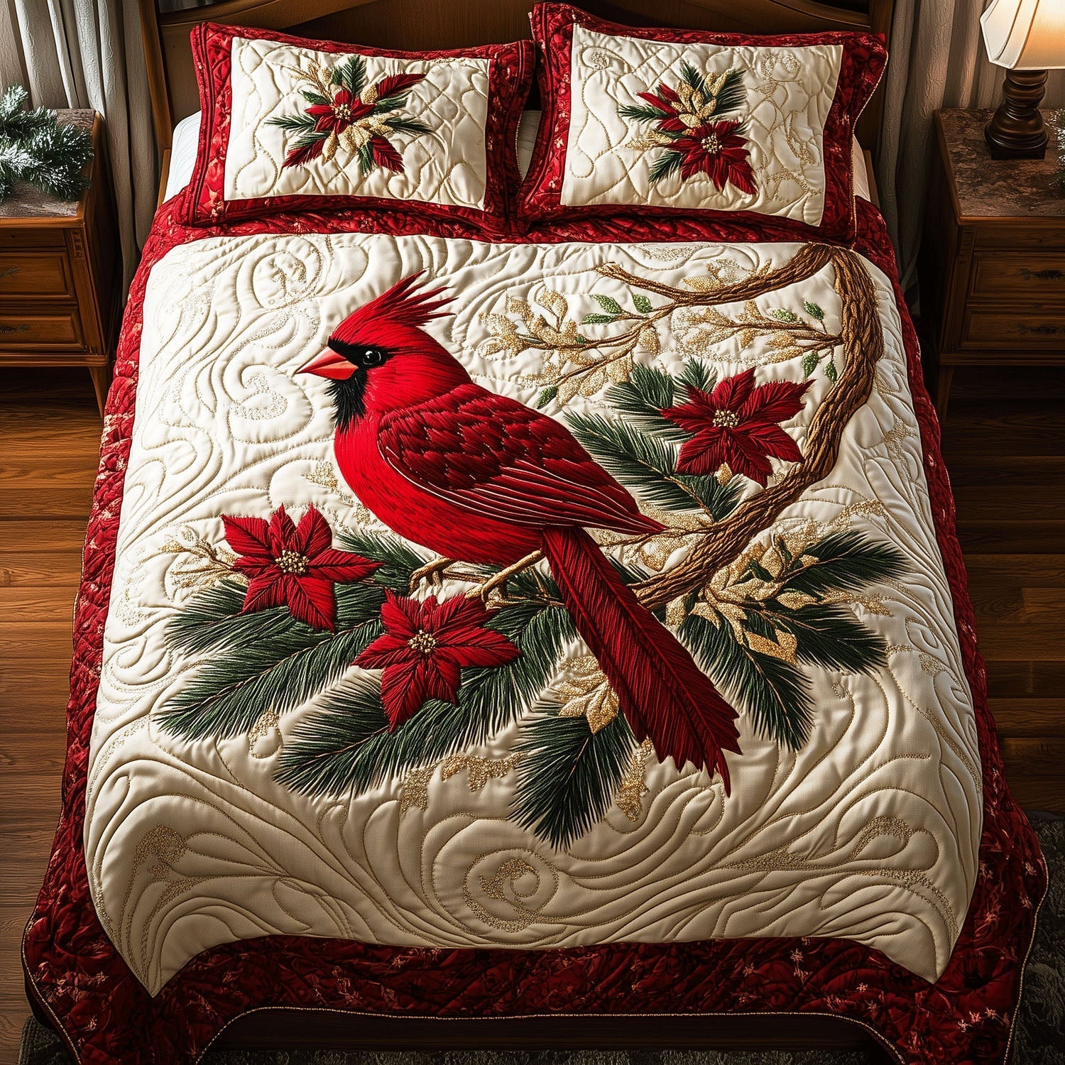 Christmas Cardinal Quilted Bedding Set, Red Cardinal & Poinsettia Holiday Quilt with Pillow Covers, Winter Christmas Decor QBEDSET46