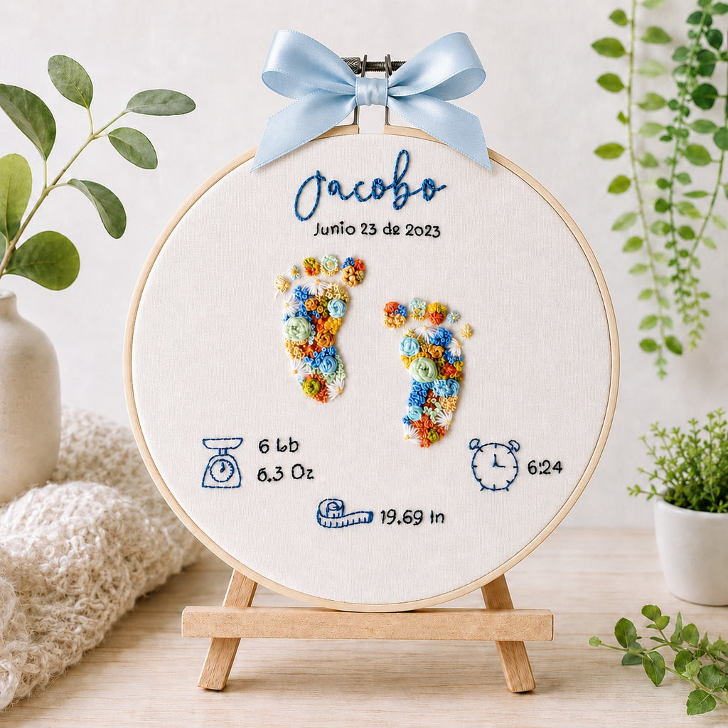 Personalized Baby Birth Stats Embroidery Hoop, Hand Embroidered Floral Baby Footprints, Custom Newborn Keepsake, Nursery Wall Art, Baby Gift EM13