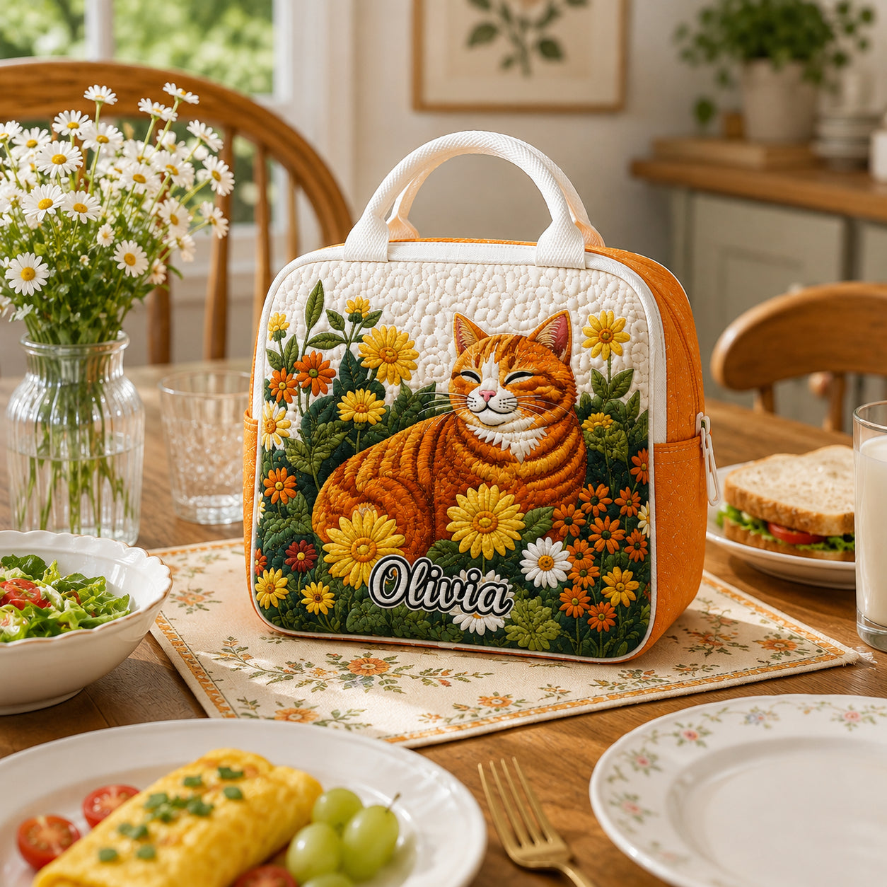 Cat Floral Quilted Lunch Bag, Insulated Quilted Lunch Tote, Cat Lunch Bag, Custom Kid Lunch Bag, Back To School Bag, Picnic Bag, Reusable Lunch Tote QLB14