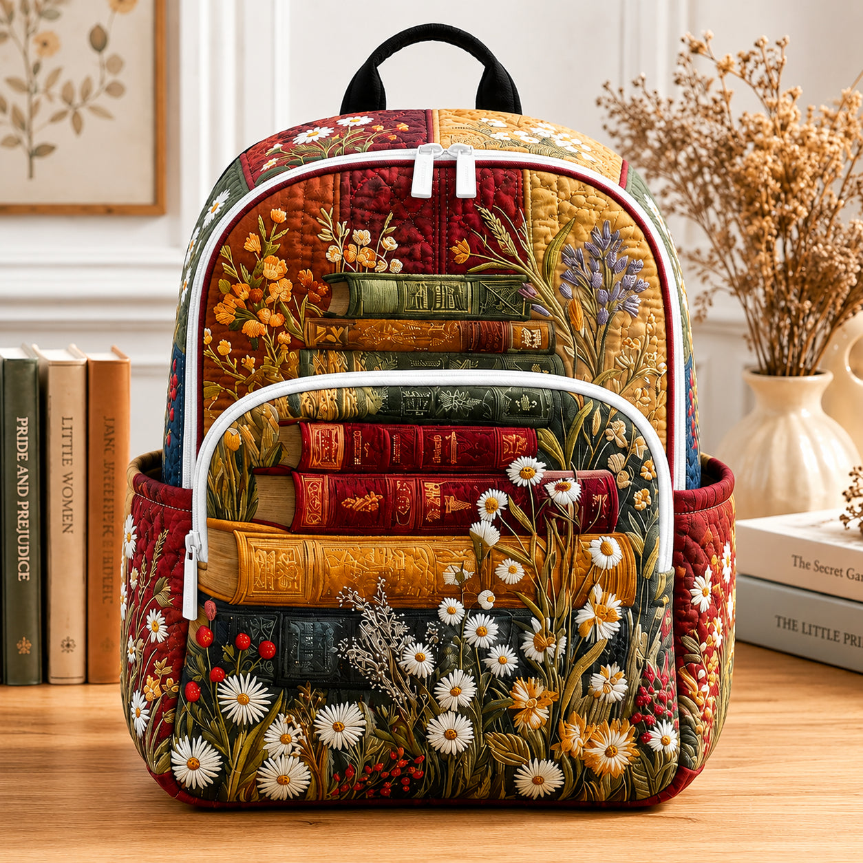 Patchwork Book Quilted Backpack, Custom Book Floral Backpack, Mini Travel Bag, School Bag, Back To School Backpack QBP07