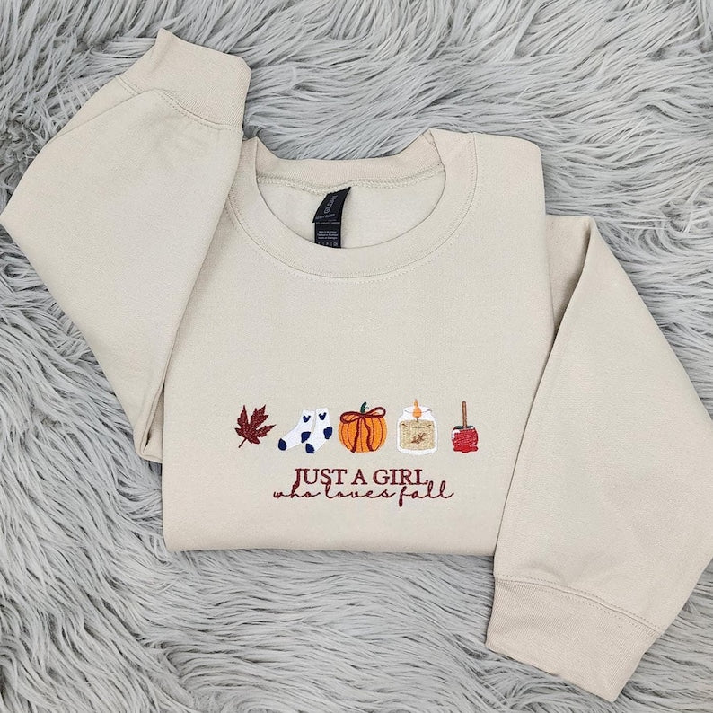 Girls Loves Fall Embroidered Shirt, Just a Girl Shirt, Cozy Autumn Pumpkin Spice Shirt, Halloween Shirt Gift HLNS13