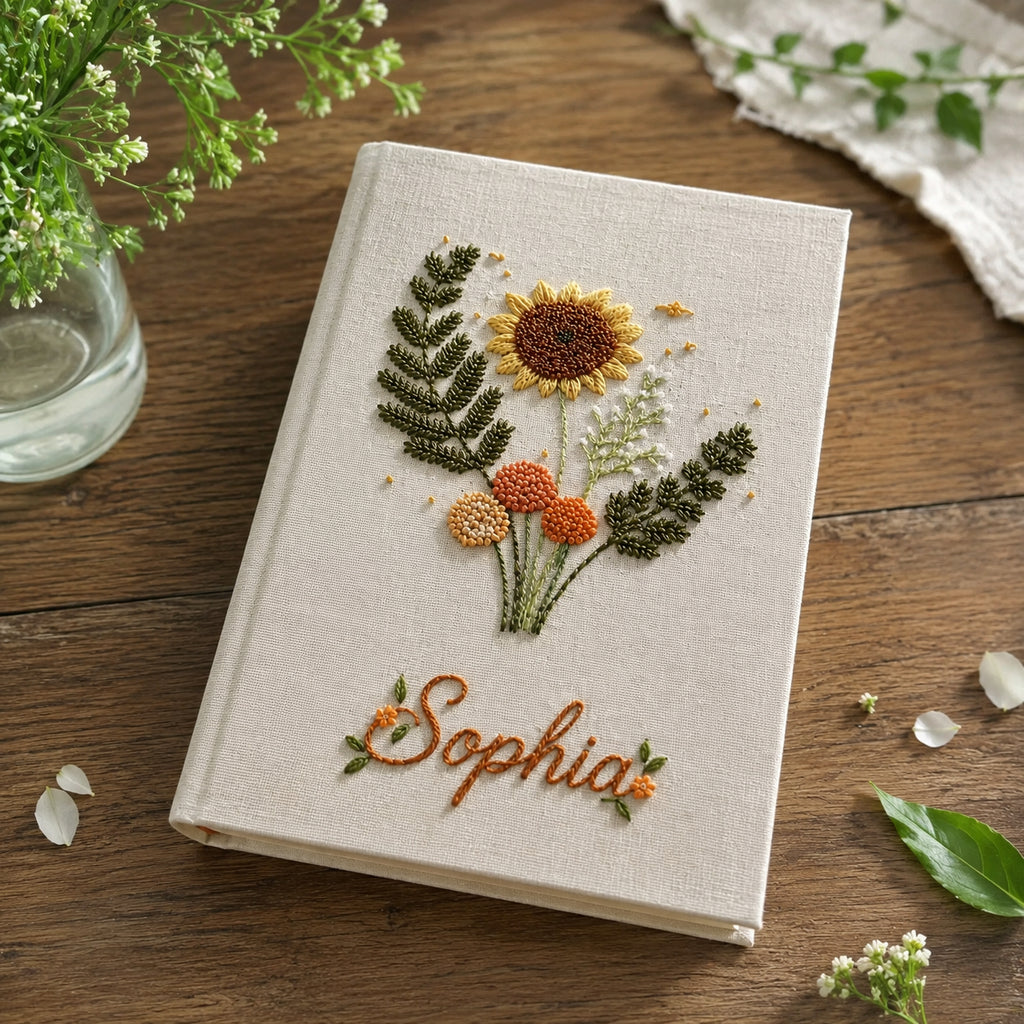 Hand Embroidered Floral Notebook, Custom Sunflower Notebook, Personalized Flower Notebook With Name, Linen Fabric Hard Cover Notebook, Special Custom Handmade Gift and Keepsakes ENB09