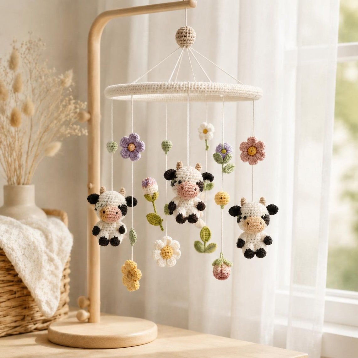 Cow Flower Baby Crib Mobile, Handmade Crochet Cow Mobile, Floral Farm Nursery Decor, Cute Animal Baby Mobile, Baby Shower Gift CrochetBBM12