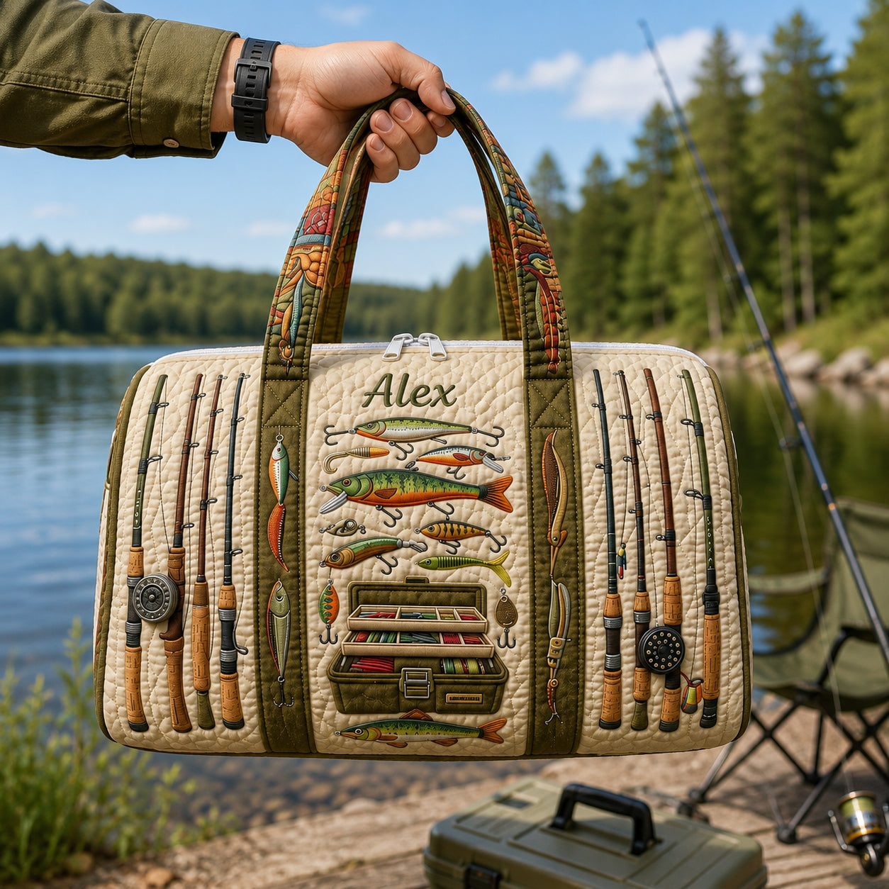 Personalized Fishing Quilted Duffle Bag, Custom Angler Travel Bag with Name, Fishing Gear Weekender, Fisherman Gift DFB36