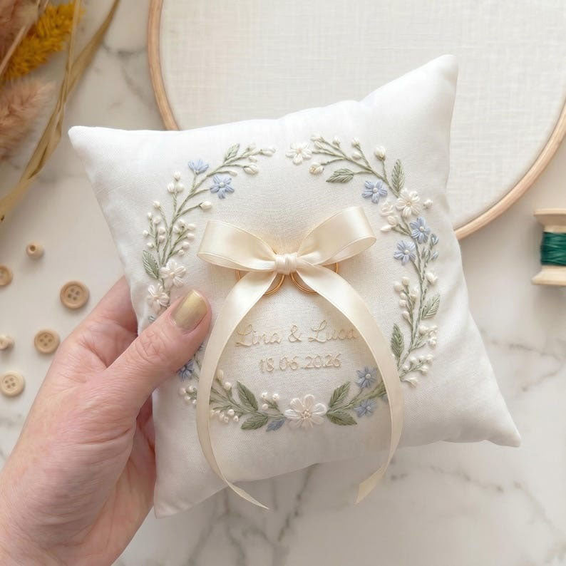 Personalized Embroidered Floral Wedding Ring Bearer Pillow, Custom Wedding Ring Pillow, Wedding Keepsake Gift WPILLOW13