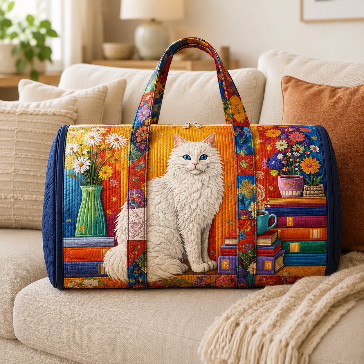 Cat Book Quilted Travel Bag, Book Lover Weekender Bag, Duffle Bag, Custom Cat Travel Bag QTTVB13