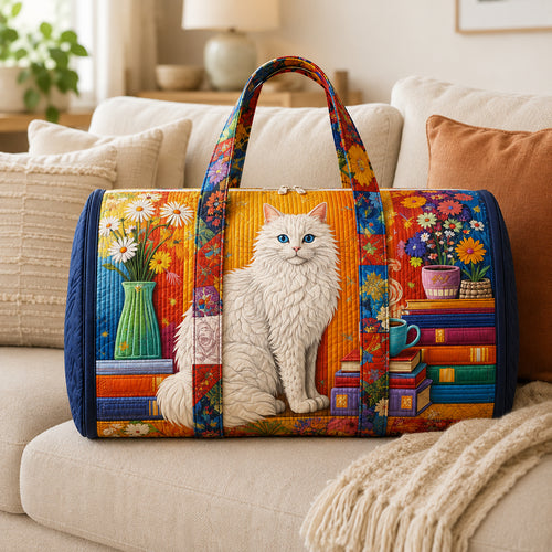 Cat Book Quilted Travel Bag, Book Lover Weekender Bag, Duffle Bag, Custom Cat Travel Bag QTTVB13