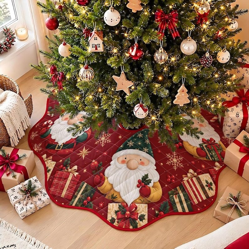 Santa Gnome Quilted Tree Skirt, Patchwork Xmas Tree Skirt, Holiday Decor, Xmas Tree Base Cover, Custom Tree Skirt XMASTS14