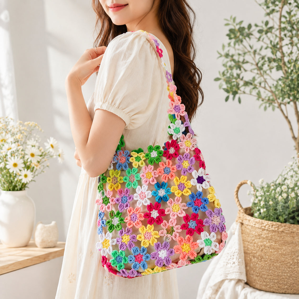 Crochet Flower Bag, Colorful Floral Shoulder Purse, Handmade 3D Daisy Crochet Handbag, Boho Summer Bag, Cute Gift for Her Crochet07