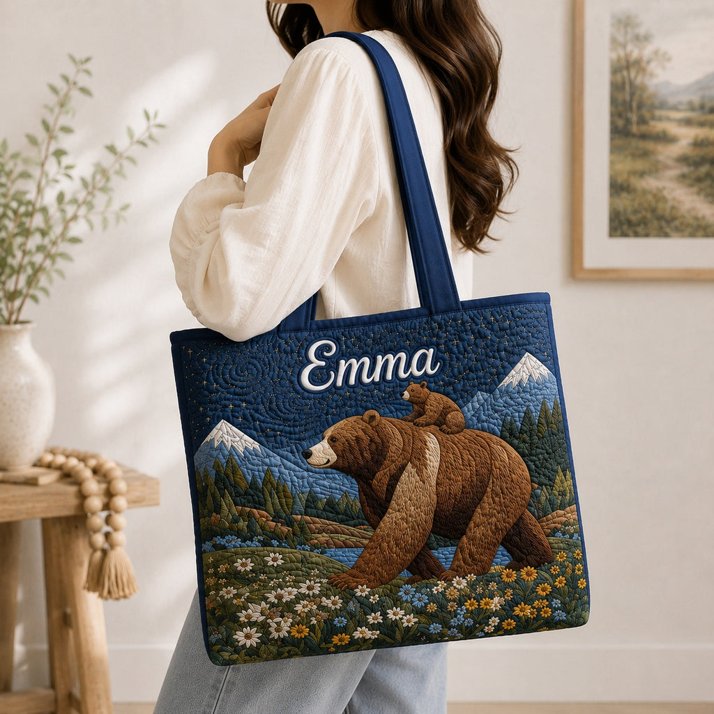Mama Bear & Cub Pattern Quilted Tote Bag, Wildlife Shoulder Bag, Bear Mama Pattern Art Tote, Fabric Tote Bag, Gift Bag QTOTE38