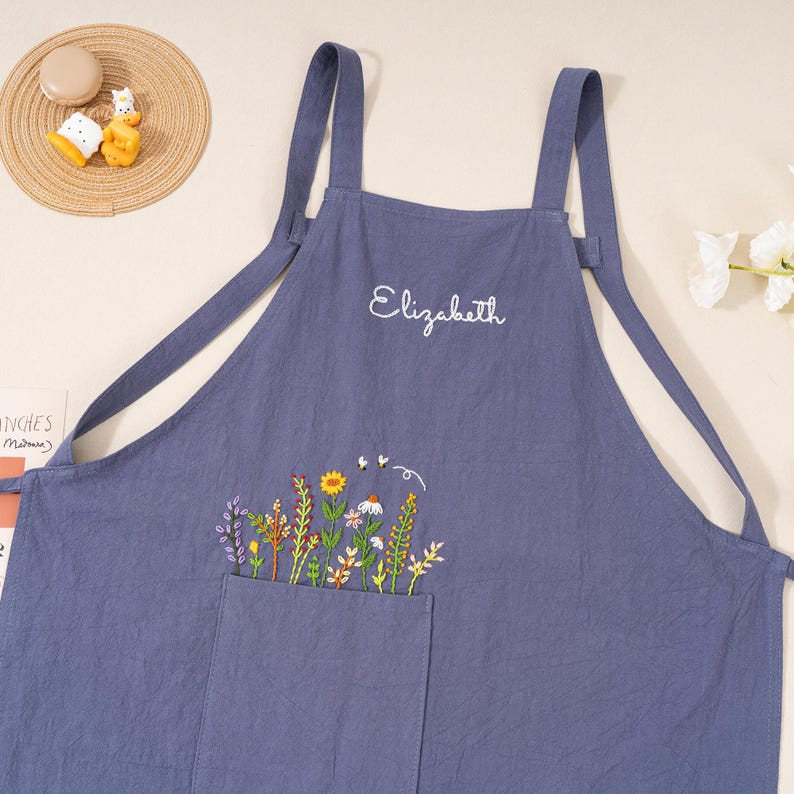 Custom Flowers Hand Embroidered Apron, Handmade Floral Apron, Embroidered Apron, Linen Apron, Gardening Apron, Kitchen Apron, Mom Gift EMAP15