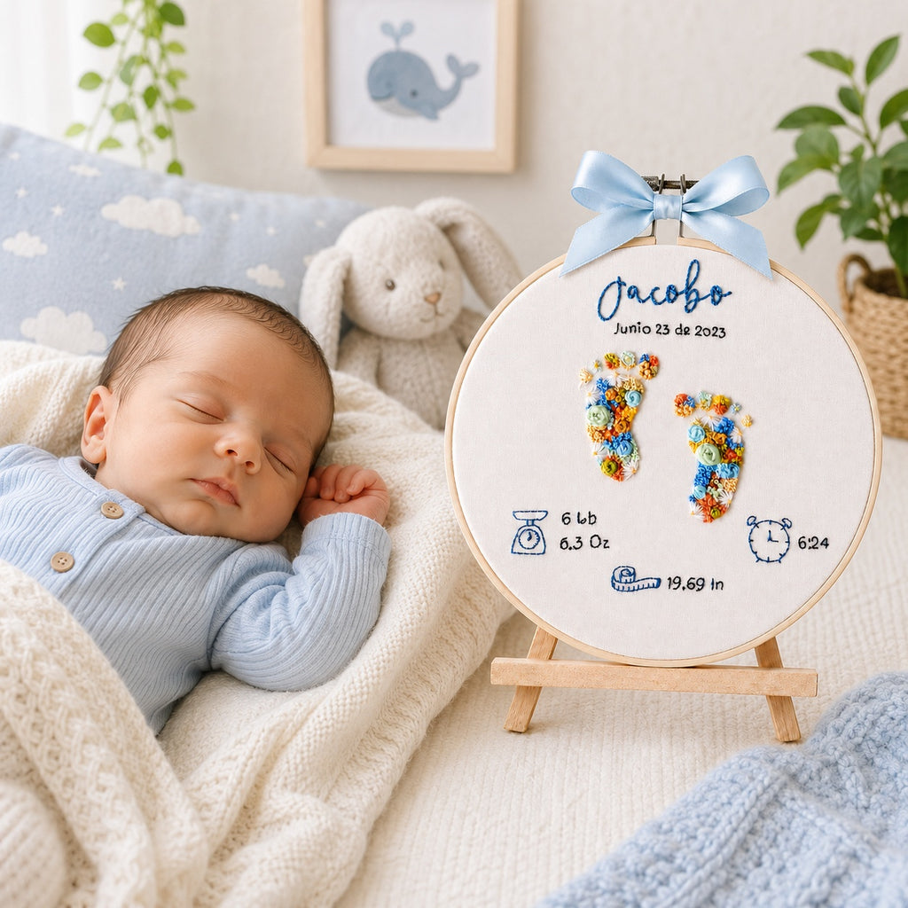 Personalized Baby Birth Stats Embroidery Hoop, Hand Embroidered Floral Baby Footprints, Custom Newborn Keepsake, Nursery Wall Art, Baby Gift EM13