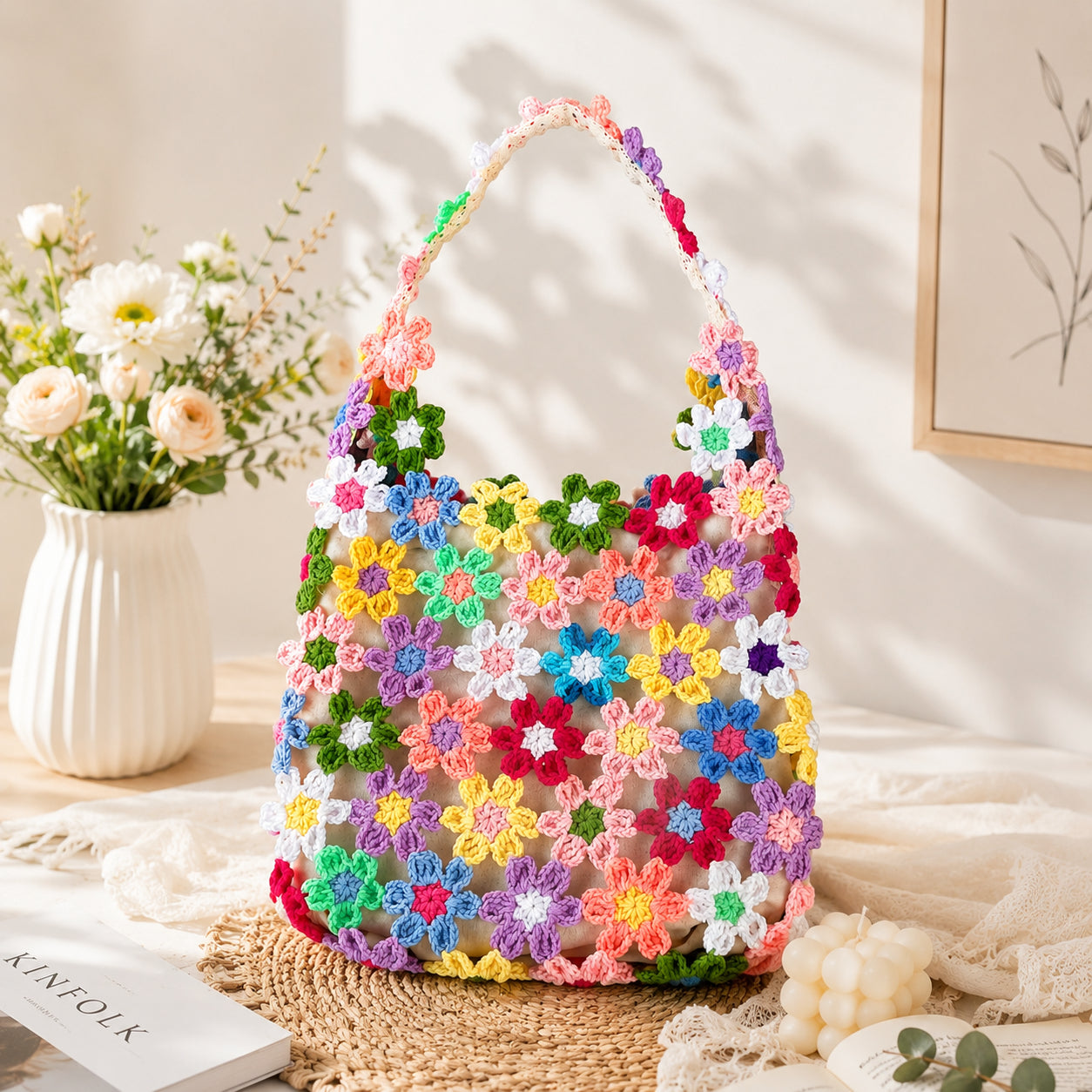Crochet Flower Bag, Colorful Floral Shoulder Purse, Handmade 3D Daisy Crochet Handbag, Boho Summer Bag, Cute Gift for Her Crochet07