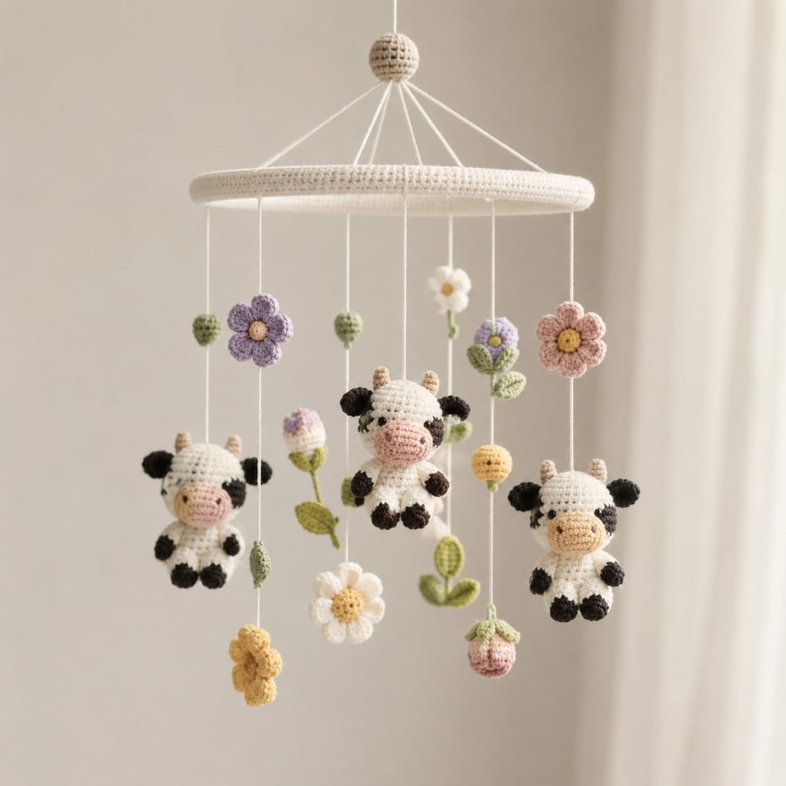 Cow Flower Baby Crib Mobile, Handmade Crochet Cow Mobile, Floral Farm Nursery Decor, Cute Animal Baby Mobile, Baby Shower Gift CrochetBBM12